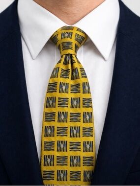VTG H. Stockton XMI 100% imported Silk Tie Gold Blue Geometric Handmade in USA